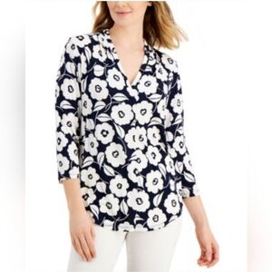 Charter Club Women's Floral-Print Pleated-Neck Top, Black/White